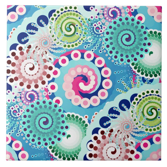 Fractal swirl pattern, turquoise, pink, multi ceramic tile (Front)