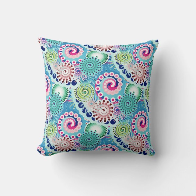 Fractal swirl pattern, turquoise, pink, multi cushion (Front)
