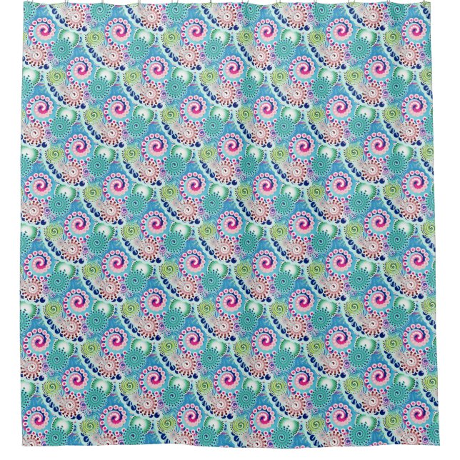 Fractal swirl pattern, turquoise, pink, multi shower curtain (Front)
