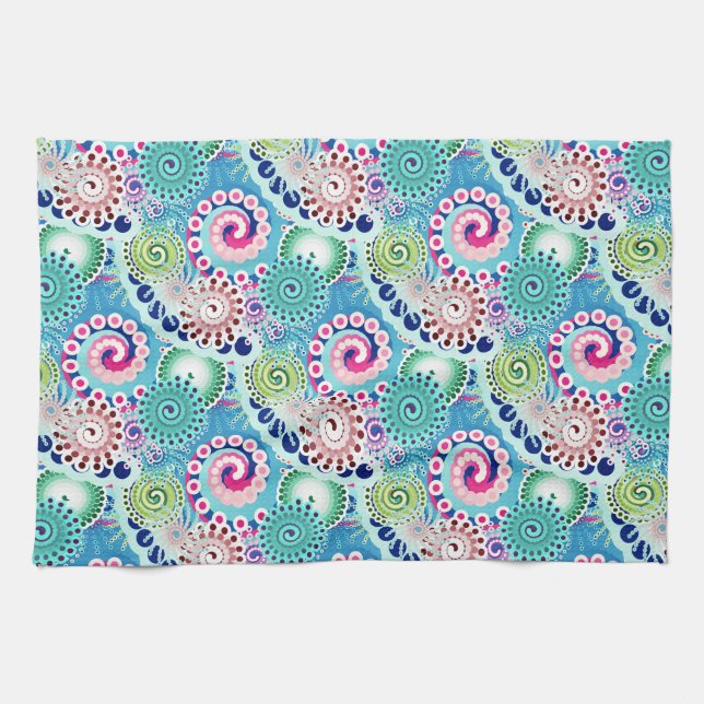 Fractal swirl pattern, turquoise, pink, multi tea towel (Horizontal)