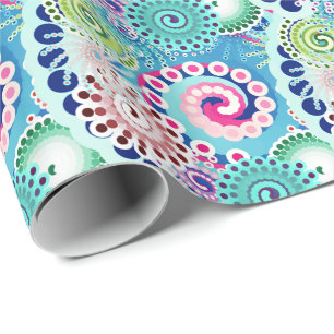 Fractal swirl pattern, turquoise, pink, multi wrapping paper