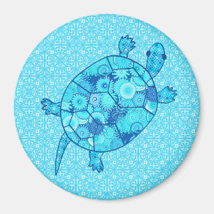 Fractal swirl turtle - cobalt and turquoise blue magnet
