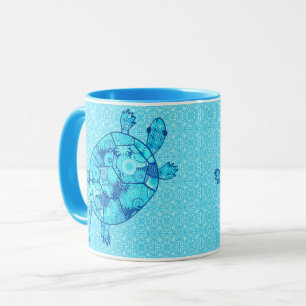 Fractal swirl turtle - cobalt and turquoise blue mug