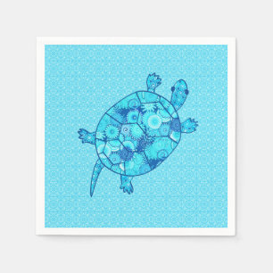Fractal swirl turtle - cobalt and turquoise blue napkin