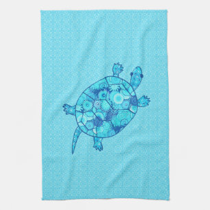 Fractal swirl turtle - cobalt and turquoise blue tea towel