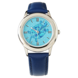 Fractal swirl turtle - cobalt and turquoise blue watch
