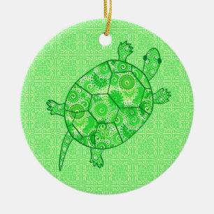 Fractal swirl turtle - lime and emerald green ceramic ornament