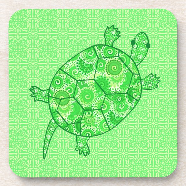 Fractal swirl turtle - lime and emerald green coaster (Front)