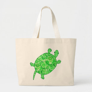 Fractal swirl turtle - lime and emerald green large tote bag