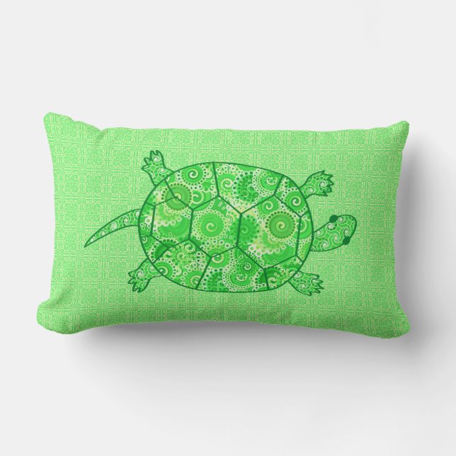 Fractal swirl turtle - lime and emerald green lumbar cushion (Front)