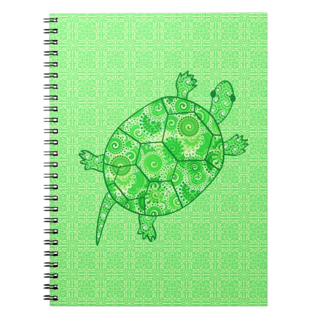 Fractal swirl turtle - lime and emerald green notebook (Front)