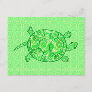Fractal swirl turtle - lime and emerald green postcard