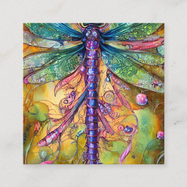 Fractal Watercolor Dragonfly Square Business Card (Front)
