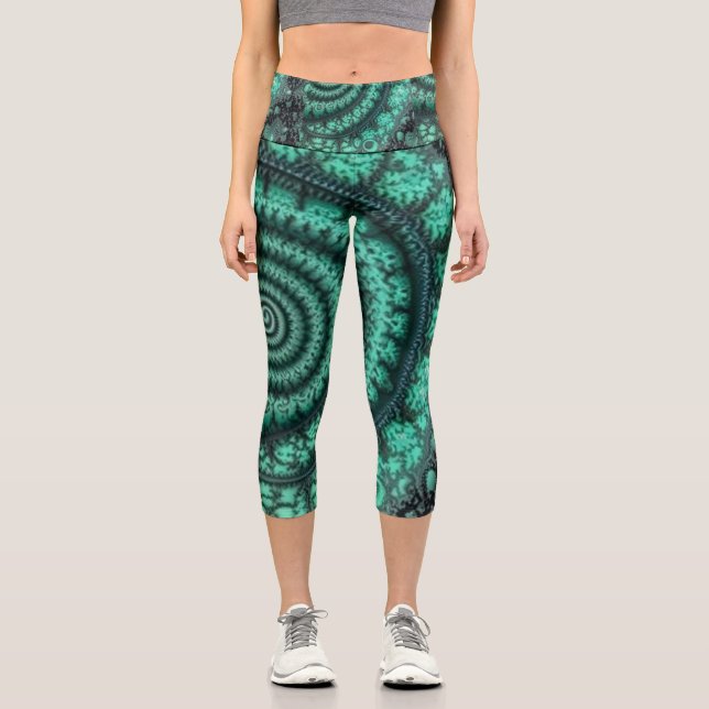 Fractalized malachite spiral capri leggings (Front)