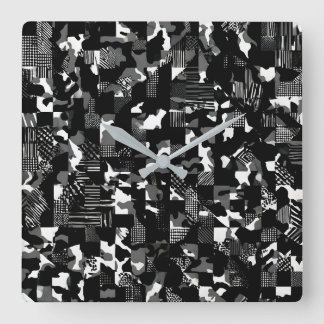 "Fractura" - Black White Camouflage Pattern Square Wall Clock