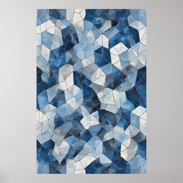 Fractured Mosaic: Blue Geometric Cracked Glass Poster (Front)