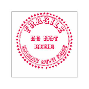 Fragile handle with care do not bend round red self-inking stamp
