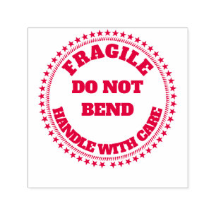 Fragile handle with care do not bend round red self-inking stamp
