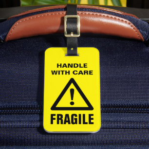 Fragile handle with care yellow caution symbol luggage tag