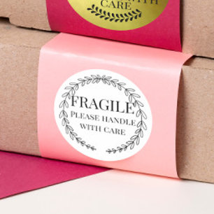 Fragile please handle with care yellow pink floral classic round sticker