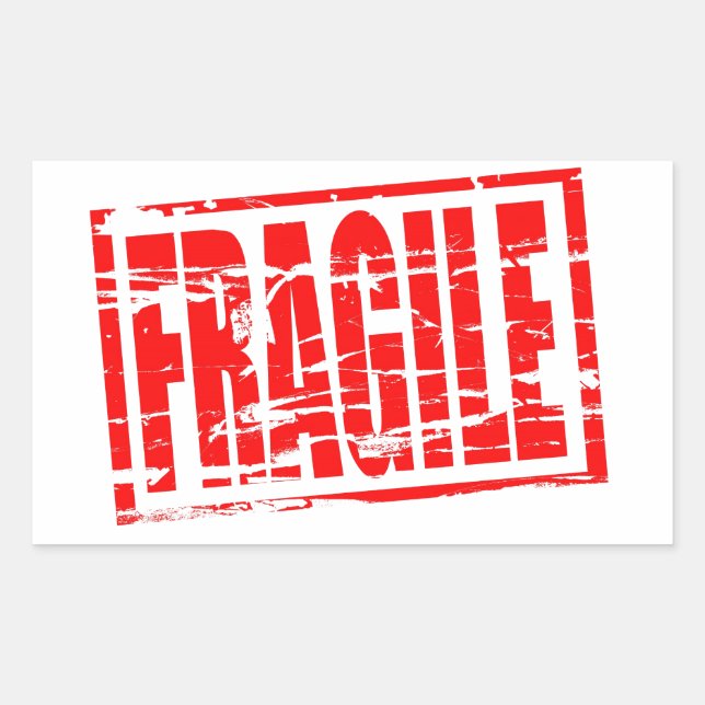 Fragile red rubber stamp effect rectangular sticker (Front)