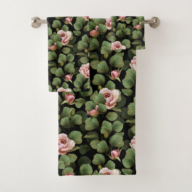 Fragile roses. Floral pattern on black Bath Towel Set (Insitu)