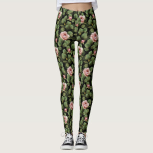 Fragile roses. Floral pattern on black Leggings