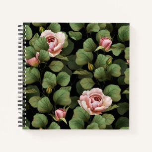 Fragile roses. Floral pattern on black Notebook