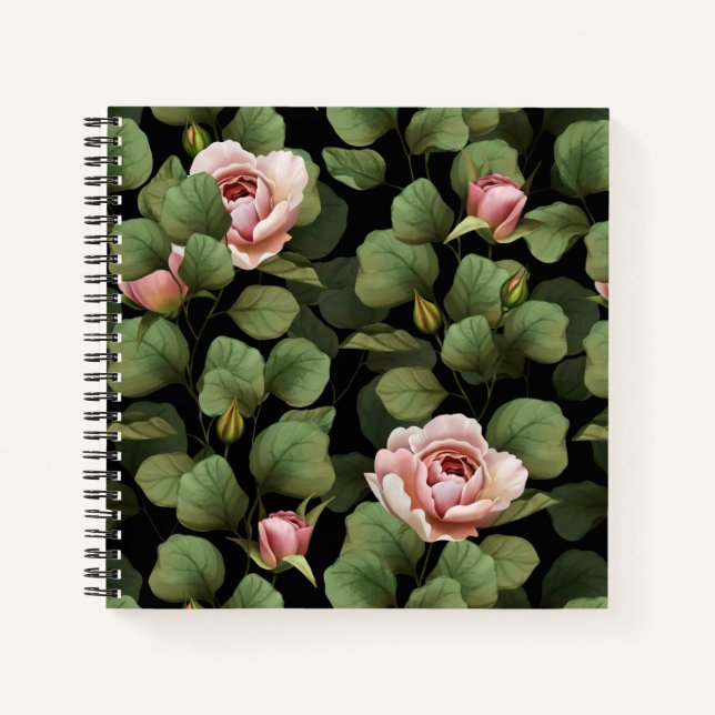 Fragile roses. Floral pattern on black Notebook (Front)