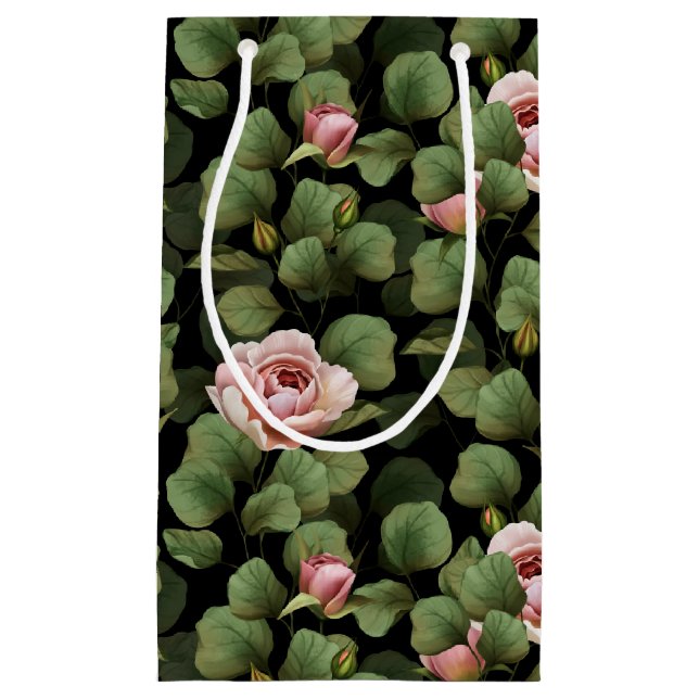 Fragile roses. Floral pattern on black Small Gift Bag (Front)