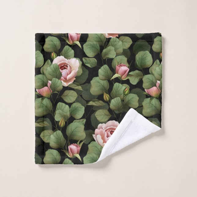 Fragile roses. Floral pattern on black Wash Cloth (Wash Cloth)