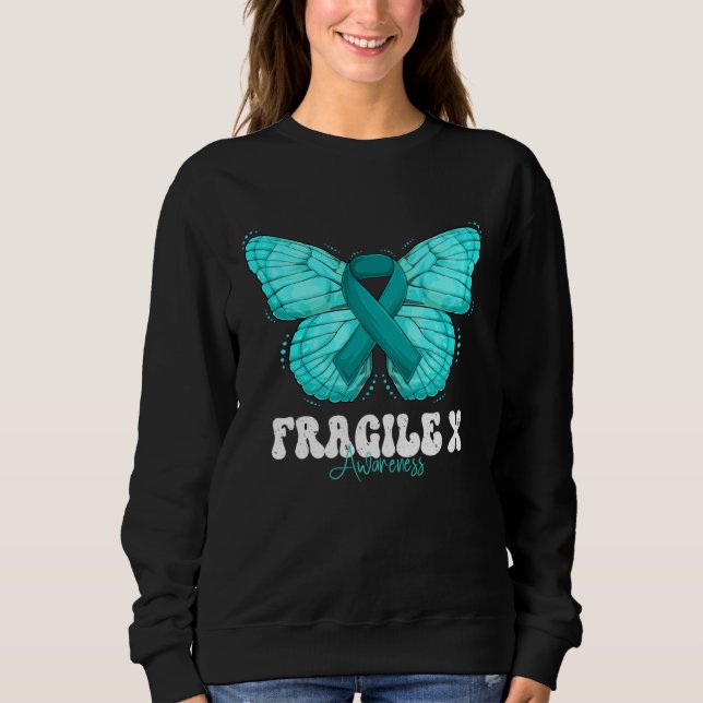 Fragile X Awareness Month Teal Ribbon Butterfly Sweatshirt (Front)
