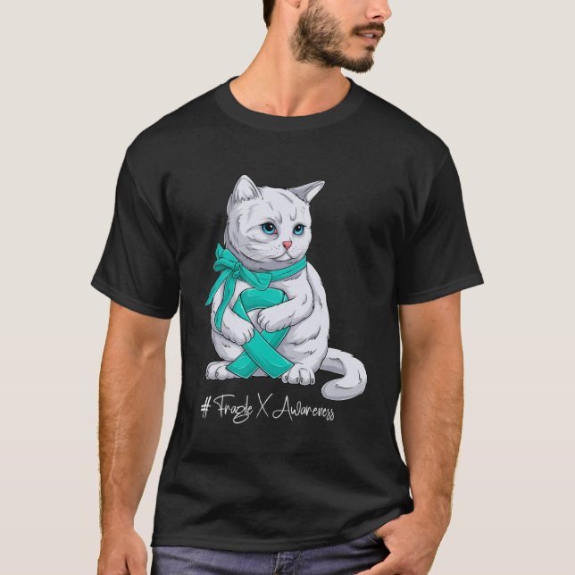 Fragile X Awareness Month Teal Ribbon Cat T-Shirt (Front)