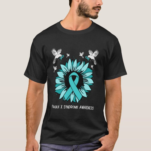 Fragile X Syndrome Awareness Ribbon Teal Bird T-Shirt (Front)