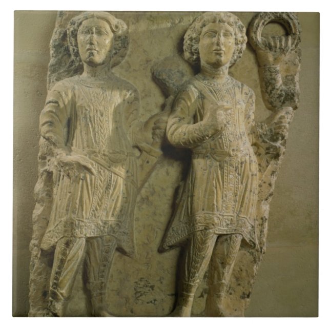 Fragment of a bas-relief plaque depicting two sold tile (Front)