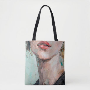 Fragment of art painting. Portrait of a girl with Tote Bag