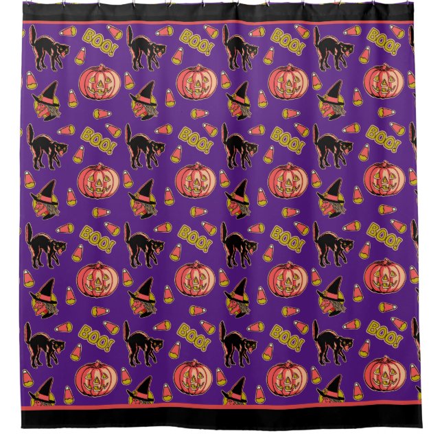 Fraidy Cat Retro Halloween Shower Curtain (Front)