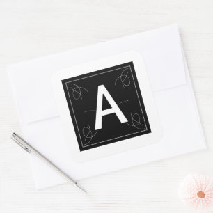 Frame and Flourish Monogram Letter A on White Square Sticker