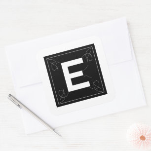 Frame and Flourish Monogram Letter E on White Square Sticker