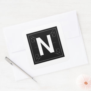 Frame and Flourish Monogram Letter N on White Square Sticker