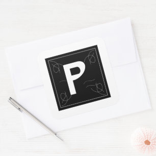 Frame and Flourish Monogram Letter P on White Square Sticker