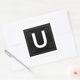 Frame and Flourish Monogram Letter U on White Square Sticker