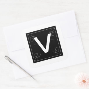 Frame and Flourish Monogram Letter V on White Square Sticker