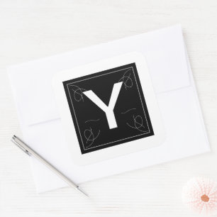 Frame and Flourish Monogram Letter Y on White Square Sticker