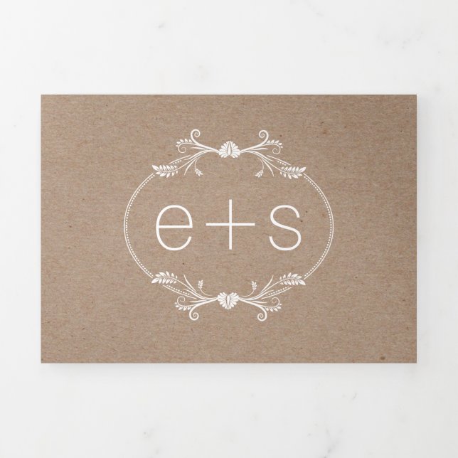 Frame and initials monogram kraft paper wedding Tri-Fold invitation (Cover)