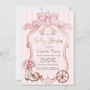 Frame Bow Cowgirl Wester Striped Baby Shower  Invitation