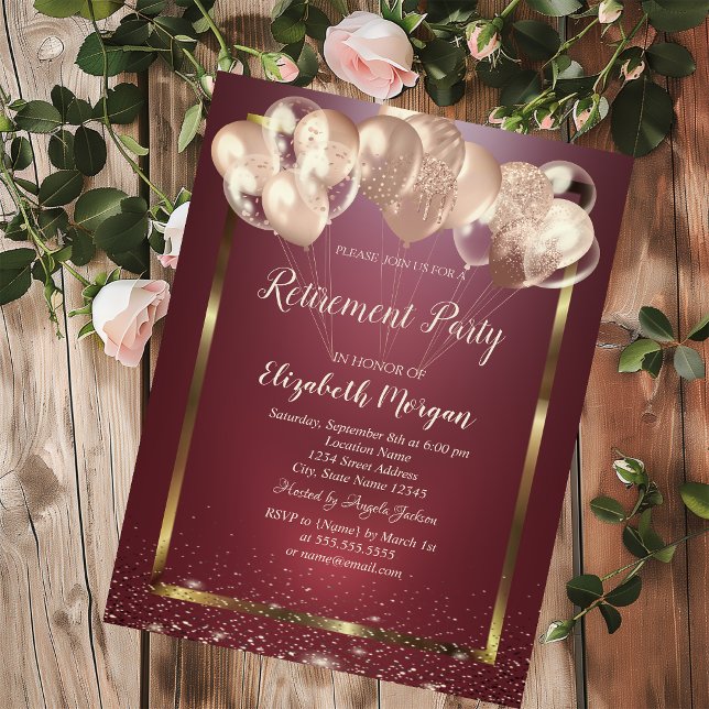  Frame Confetti Balloons Burgundy Retirement  Invitation (Creator Uploaded)