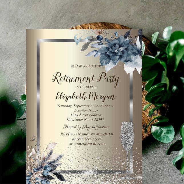 Frame Confetti Winter Flowers Champagne Retirement Invitation (Creator Uploaded)