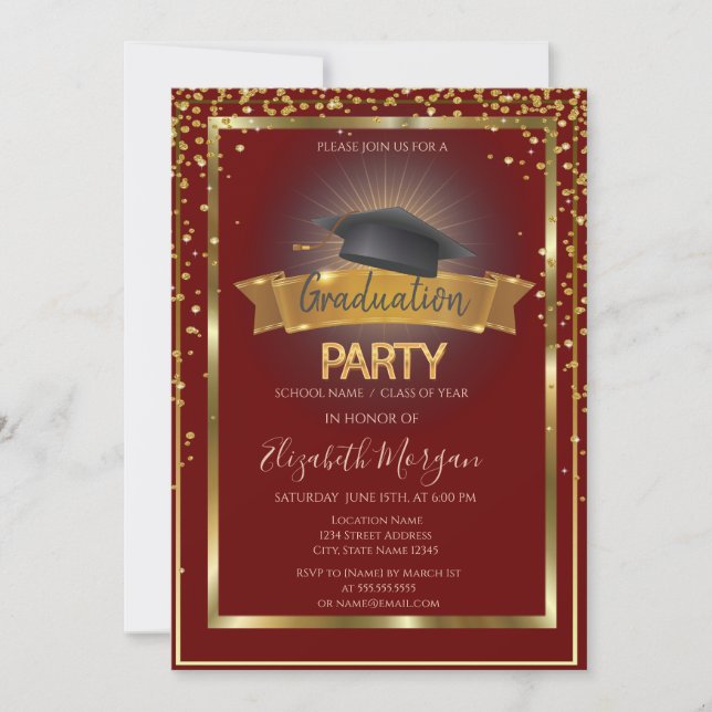 Frame Diamonds Cap Red Graduation  Invitation (Front)