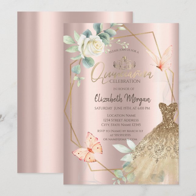 Frame Flower Butterflies Dress Rose Gold  Invitation (Front/Back)